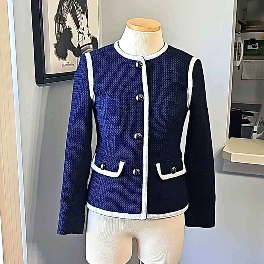 HELENE London career blue/black tweed, jacket with white‎ trim. Size small.